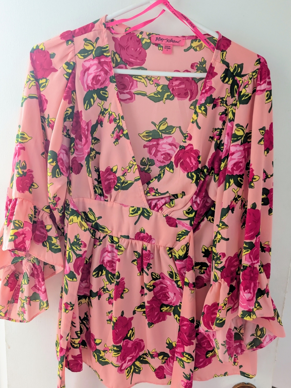 Betsey Johnson Floral Pink Wrap Blouse with Ruffled Sleeves - Size SMALL